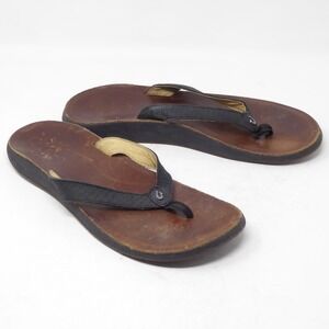 OluKai Pua Womens Leather Thong Sandals Flip Flops Brown Black US 8 EUR 38